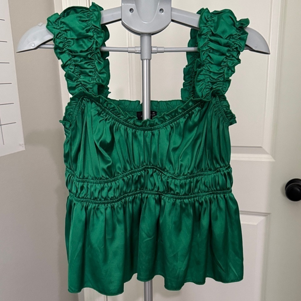 Emory Park Emerald Satin looking Ruffle Tank Top